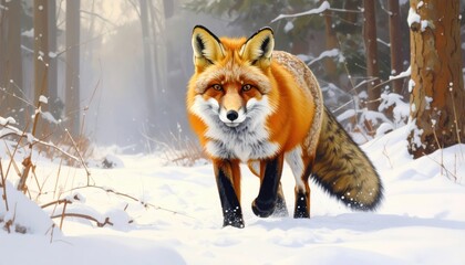 Obraz premium A vibrant red fox strides through a snowy forest, its fur detailed in a winter wonderland scene.