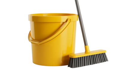Bright yellow bucket and broom ready for professional cleaning and tidying