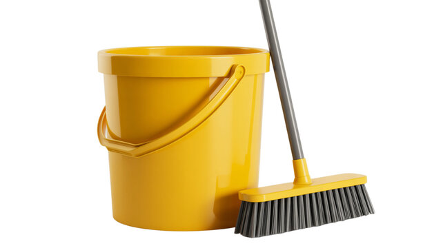Bright yellow bucket and broom ready for professional cleaning and tidying - Powered by Adobe