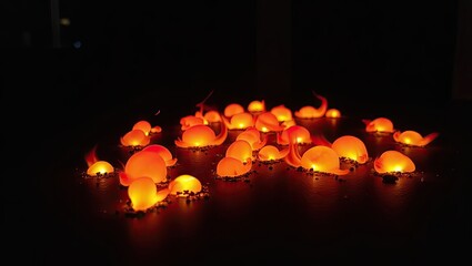 Many small, glowing, orange objects rest on a dark surface, creating a mesmerizing visual display.