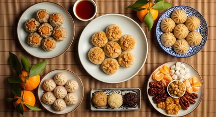 Fototapeta premium Assortment of Delicious Asian Dumplings and Treats.