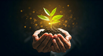 Hands Carefully Cupping Soil with a Young Plant Growing, Illuminated by Golden Bokeh Lights