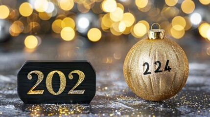 Gold and Black Christmas Ornaments with Numbers 202 and 224 on Festive Glittery Surface with Blurred Warm Bokeh Background