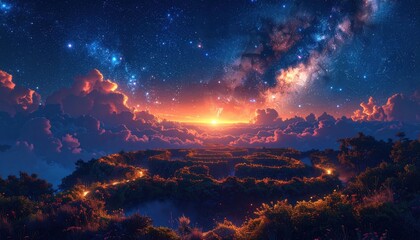 Naklejka premium A vibrant landscape bathed in the glow of a sunrise, with a breathtaking starry sky above a winding path through lush foliage.
