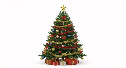A beautifully decorated Christmas tree with colorful ornaments and a bright star, isolated on a white background