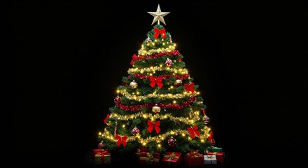 A vibrant Christmas tree stands adorned with a festive star, ornaments, and gifts, celebrating the holiday season