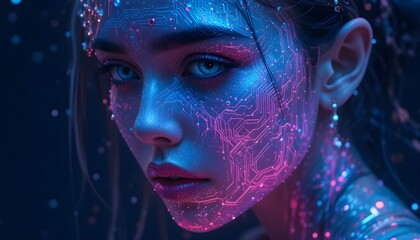 blue and pink lights, metallic textures, holographic ornaments, glowing circuit patterns on skin