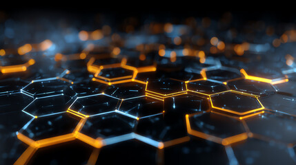 Obraz premium Futuristic hexagonal patterns with glowing lines, showcasing the intersection of technology and design in a digital landscape.
