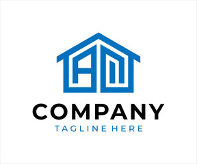 The logo design combines the letters AM and a house, using the color blue.