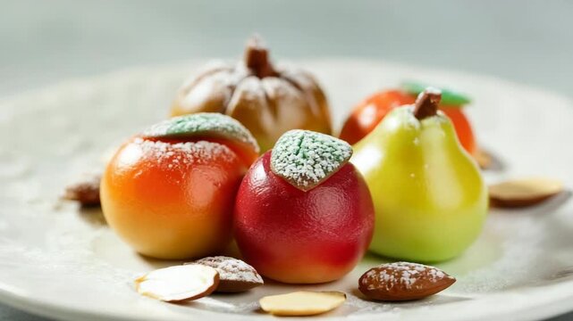 Colorful marzipan fruits on white plate sprinkled with sugar