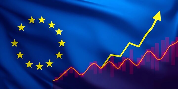 European Union flag, stock market charts, upward trending graph,  stock market,   market performance