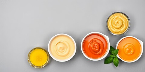 Several small bowls of various baby food purees on a neutral grey background,  stock photo,  top view