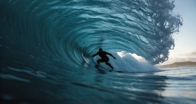 Surfer riding a wave inside a barrel during sunset at the beach  