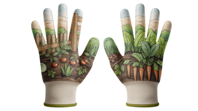 Gardening gloves with detailed garden scene, perfect for spring planting season - Powered by Adobe