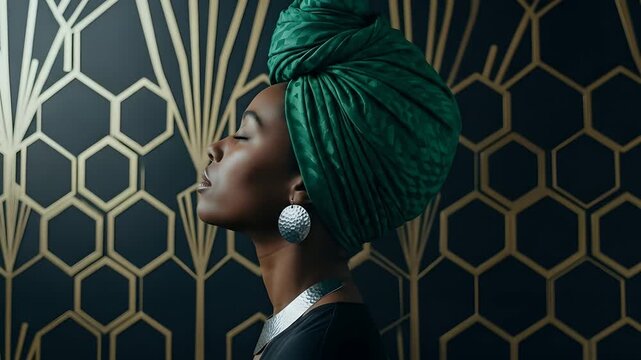 Elegant woman in green headwrap, eyes closed, glows against an Art Deco background. Perfect for cultural pride, beauty, fashion, wellness, black history, empowerment campaigns.