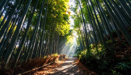Sunlight filtering through a dense bamboo forest