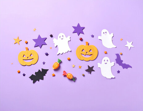 Jack-o'-lantern and ghost paper collage on cream textured background - Powered by Adobe