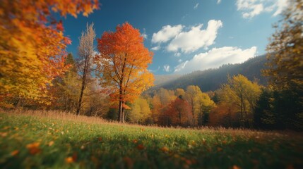 Fototapeta premium A vibrant autumn scene showcases colorful trees in a meadow, bathed in sunlight, with a backdrop of a misty mountain range.