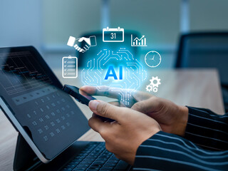 AI reminder concept with digital brain icon on smartphone screen, artificial intelligence assistant tool for productivity, smart scheduling, time management, digital alerts, daily task organization.