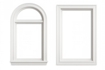 Realistic set of white plastic windows with transparent background, perfect for architectural visualization