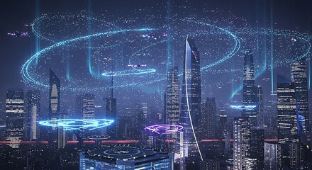 Futuristic Cityscape with Holographic Overlays and Advanced Technology.