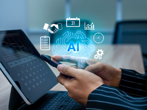 AI reminder concept with digital brain icon on smartphone screen, artificial intelligence assistant tool for productivity, smart scheduling, time management, digital alerts, daily task organization.