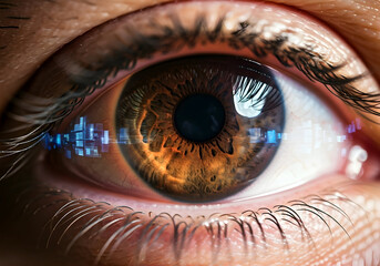 Extreme Close up of a Human Eye Reflecting Digital Cityscape Data Visualizations