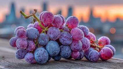 Cluster of frosted grapes on wooden plank, city skyline in background