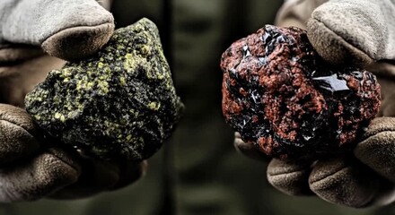video, closeup, a miner's hand holding uranium and thorium stones, materials, nuclear, mining industry, ore
