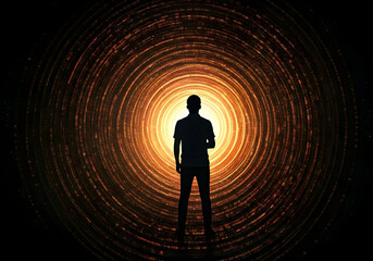 Silhouette of a Man Standing at the Entrance of a Circular, Glowing Data Tunnel