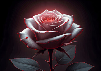 Close up of a Delicate White Rose with Red Edges and Dark, Moody Background, Evoking Romance and Mystery
