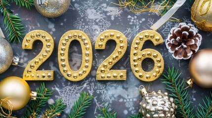 Golden 2026 Numbers with Christmas Decorations on Snowflake Background