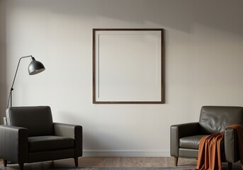 Empty square wooden frame mockup on a wall in a cozy living room interior