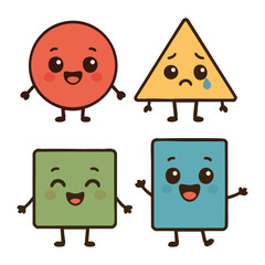 Cute Geometric Shape Characters Set, Circle Triangle Square Rectangle with Emotions. Cartoon Style Illustration for Education