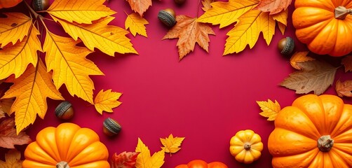 Fototapeta premium Vibrant autumn leaves, acorns, and pumpkins arranged on a rich burgundy background, burgundy, acorn