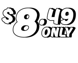 Promotional price text showing $8.49 Only in bold white on transparent background. Perfect for advertising, sale banners, product promotion, discount labels, retail marketing, and e-commerce design