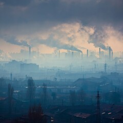 Fototapeta premium Industrial Landscape with Smoky Sky and Pollution Impact in Urban Area