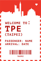 Welcome to Taipei, Taiwan card template. Vector boarding pass postcard illustration with airport code, city skyline, flight info. Luggage tag image