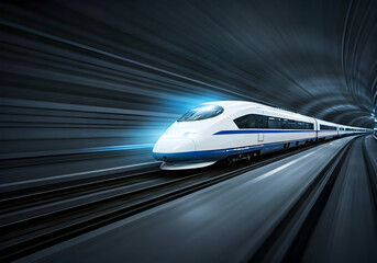 Fototapeta premium Futuristic High speed Train Traveling Through a Dark Tunnel with Streaking Lights