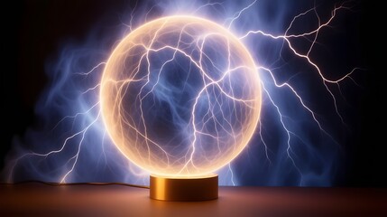 Experience the raw power of a glowing plasma ball crackling with vibrant lightning energy, a mesmerizing spectacle for science and technology themes.