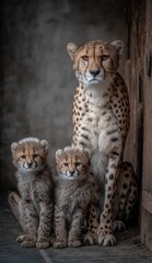 A cheetah mother and her two cubs sit together in a zoo enclosure, showcasing a family portrait.