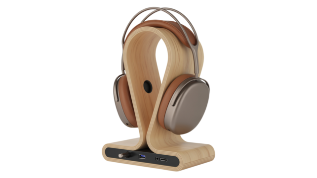 Modern wood headphone stand with integrated USB ports and audio jack