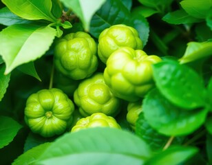 A close-up view of vibrant green fruits nestled among lush green foliage, showcasing nature's beauty.