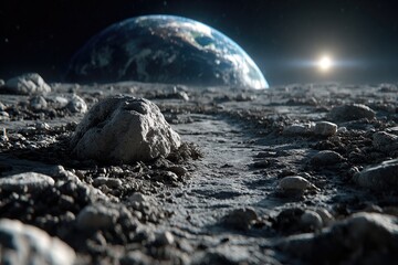 Lunar landscape, Earth in the distance