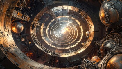 Obraz premium Intricate, golden-hued, spiral structure with metallic spheres, descending into a luminous center.