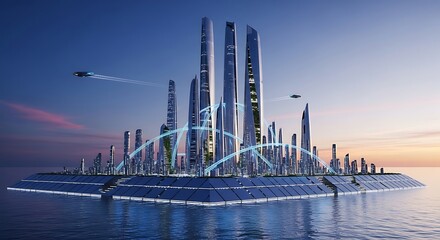 Futuristic Cityscape on Water - A Vision of Tomorrows Urban Life.
