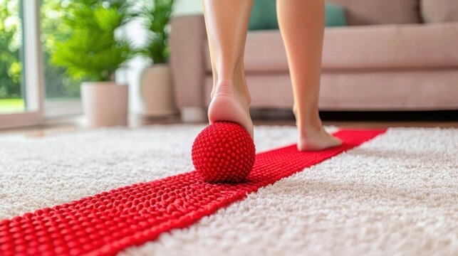 A woman's feet positioned on a red exercise ball as part of athletic recovery therapy for strengthening and flexibility