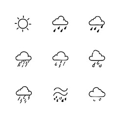 Hand Drawn Weather Icons Set with Sun, Rain, Storm, and Cloud Sketches