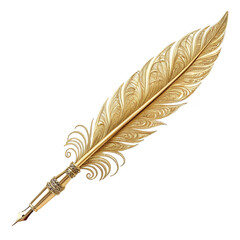 Elegant golden feather pen on transparent background for writing branding, wedding invitations, and inspirational posters
