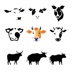 Cow Silhouette and Face Vector Set – Farm Animal Illustration Icons